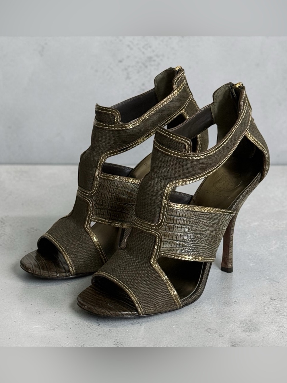 Tory Burch Geoff Caged High Heel Olive Gold Gladiator Sandals! Size 8 - Picture 7 of 16